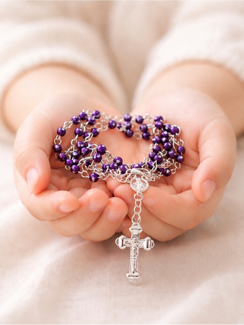 Children’s Purple Rosary 4mm Beads Silver Tone Crucifix Catholic Baptism